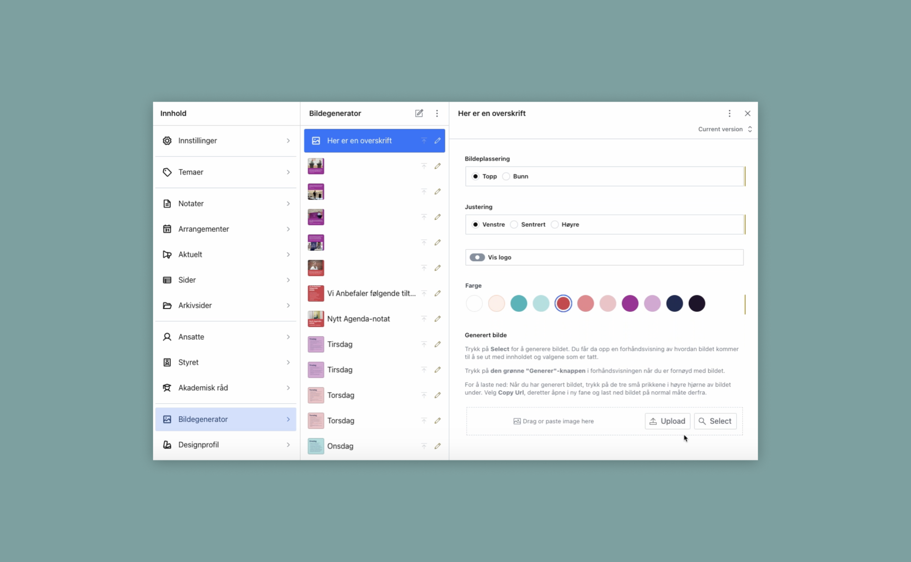 Brukergrenssnittet til Sanity der man oppretter nye bilder til sosiale medier og kan velge farge.