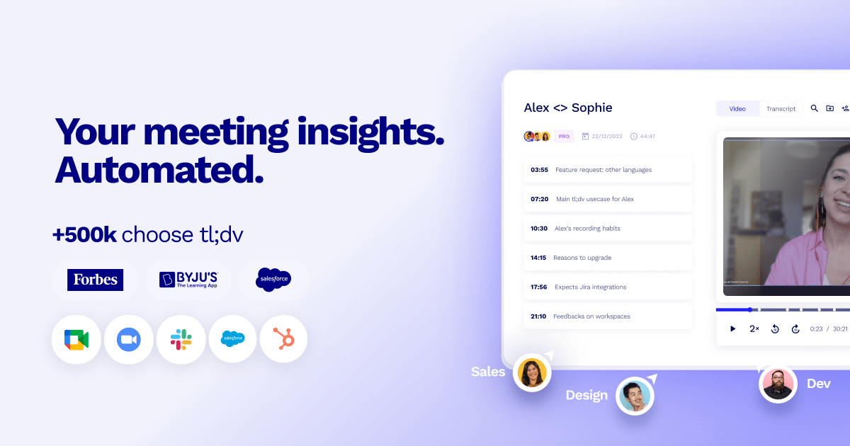 your meeting insights, automated. +500k choose tl;dv. så ser du skjermbilde av tldv og logoene til meet, slack, salesfoce, hubspot osv.
