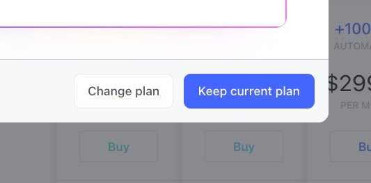 et skjermbilde av et nettsted med en endre plan-knapp og en behold nåværende plan-knapp.