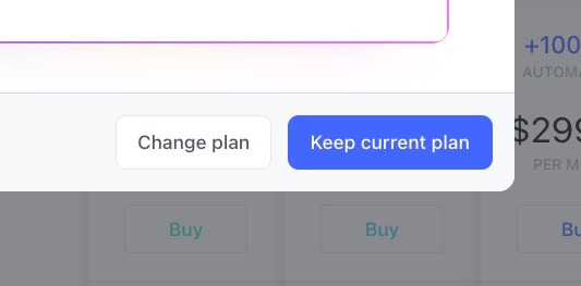 et skjermbilde av et nettsted med en endre plan-knapp og en behold nåværende plan-knapp.