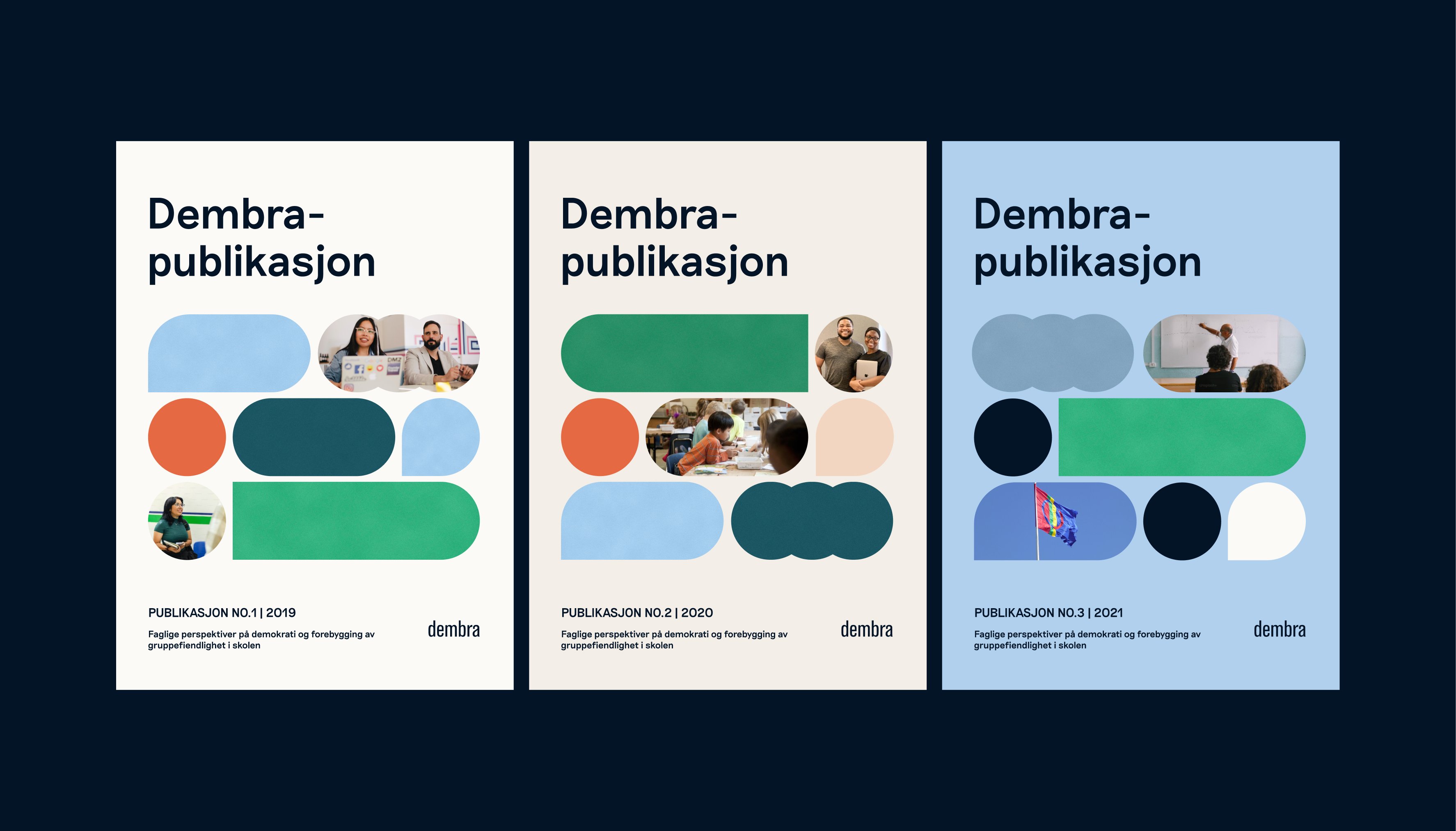 Tre plakater i ulike farger, med grafiske former i et rutenettverk