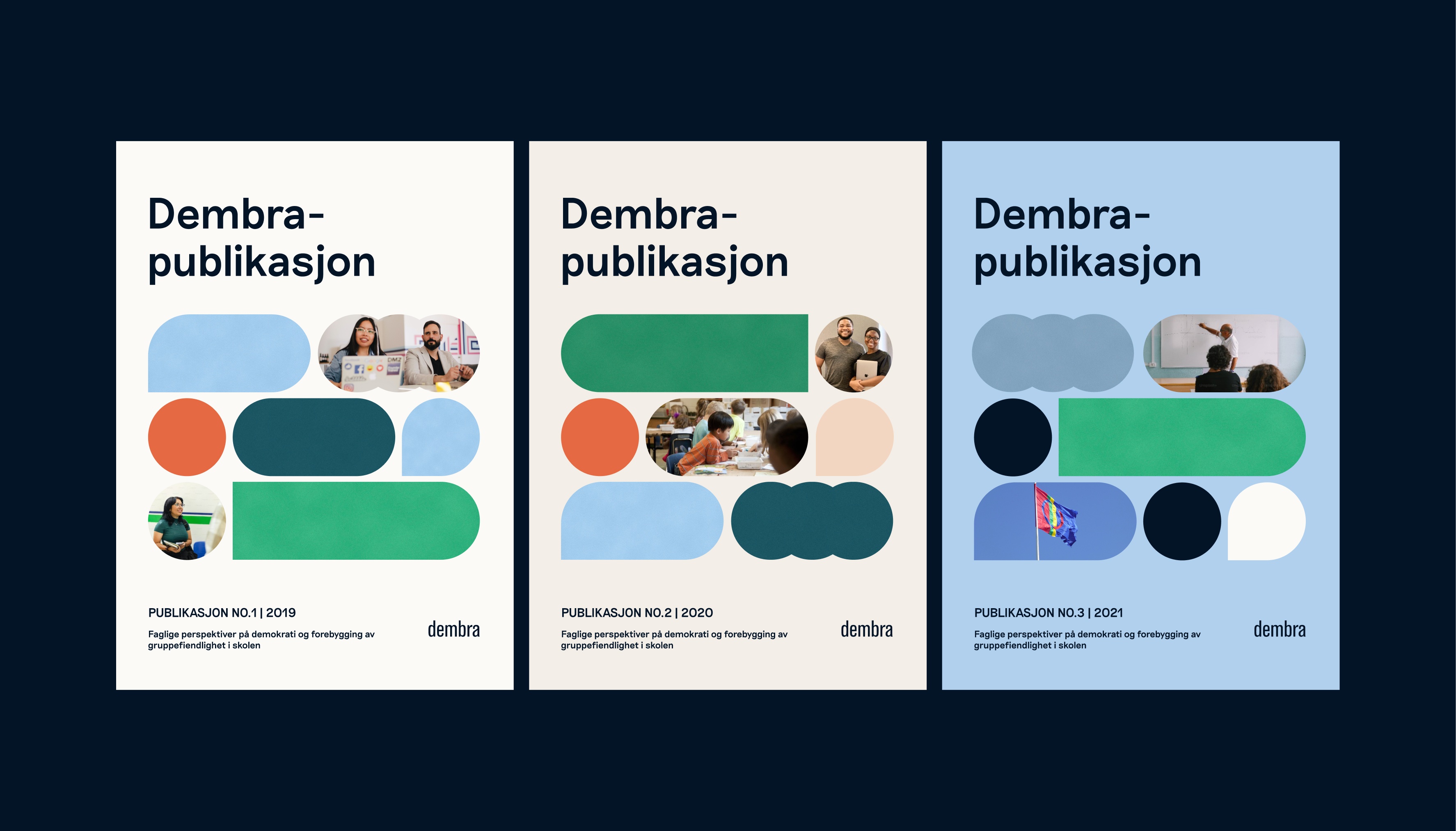 Tre plakater i ulike farger, med grafiske former i et rutenettverk