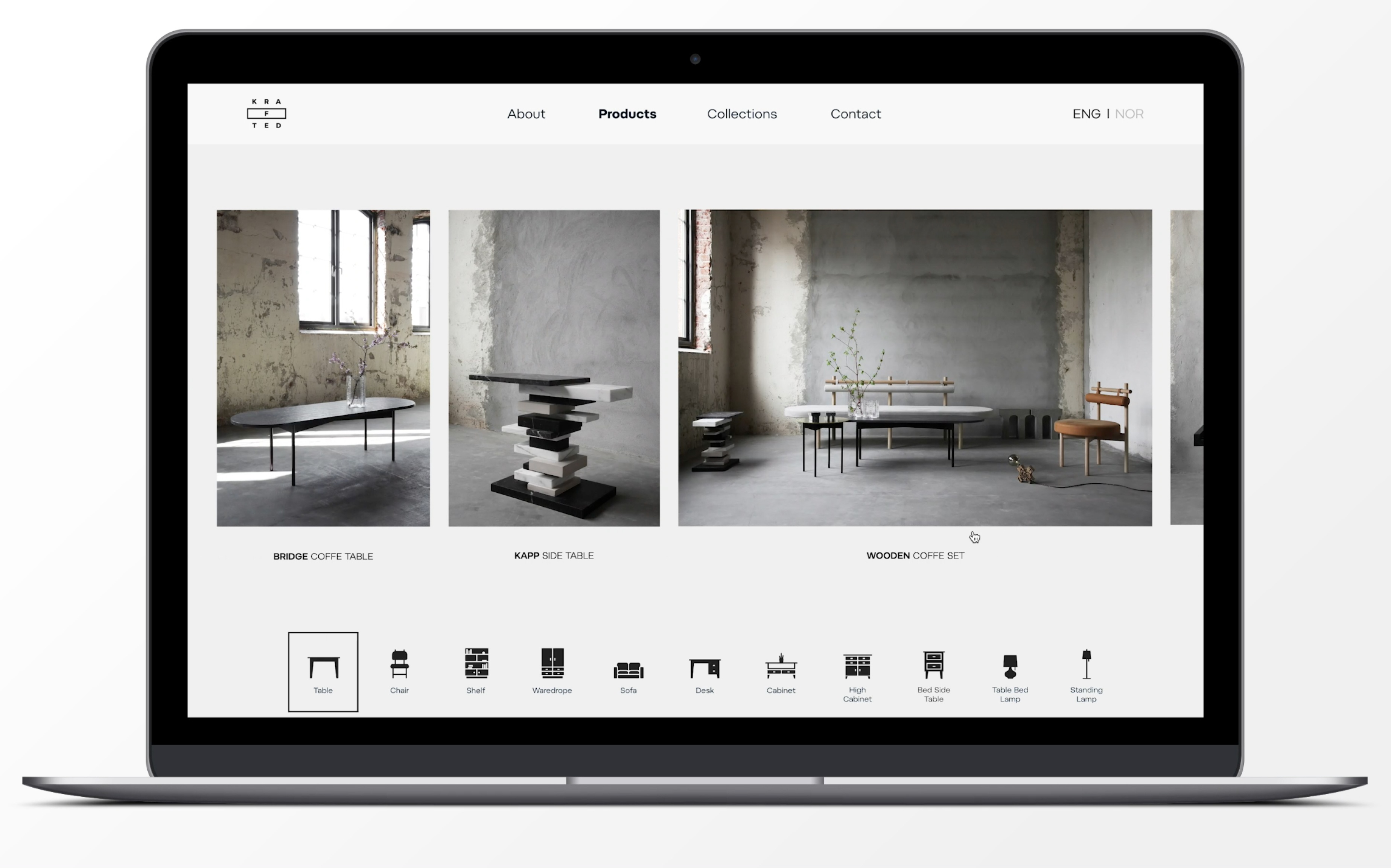 Screenshot fra nettsiden til Krafted. Viser produktene og kategoriene i nettbutikken. 