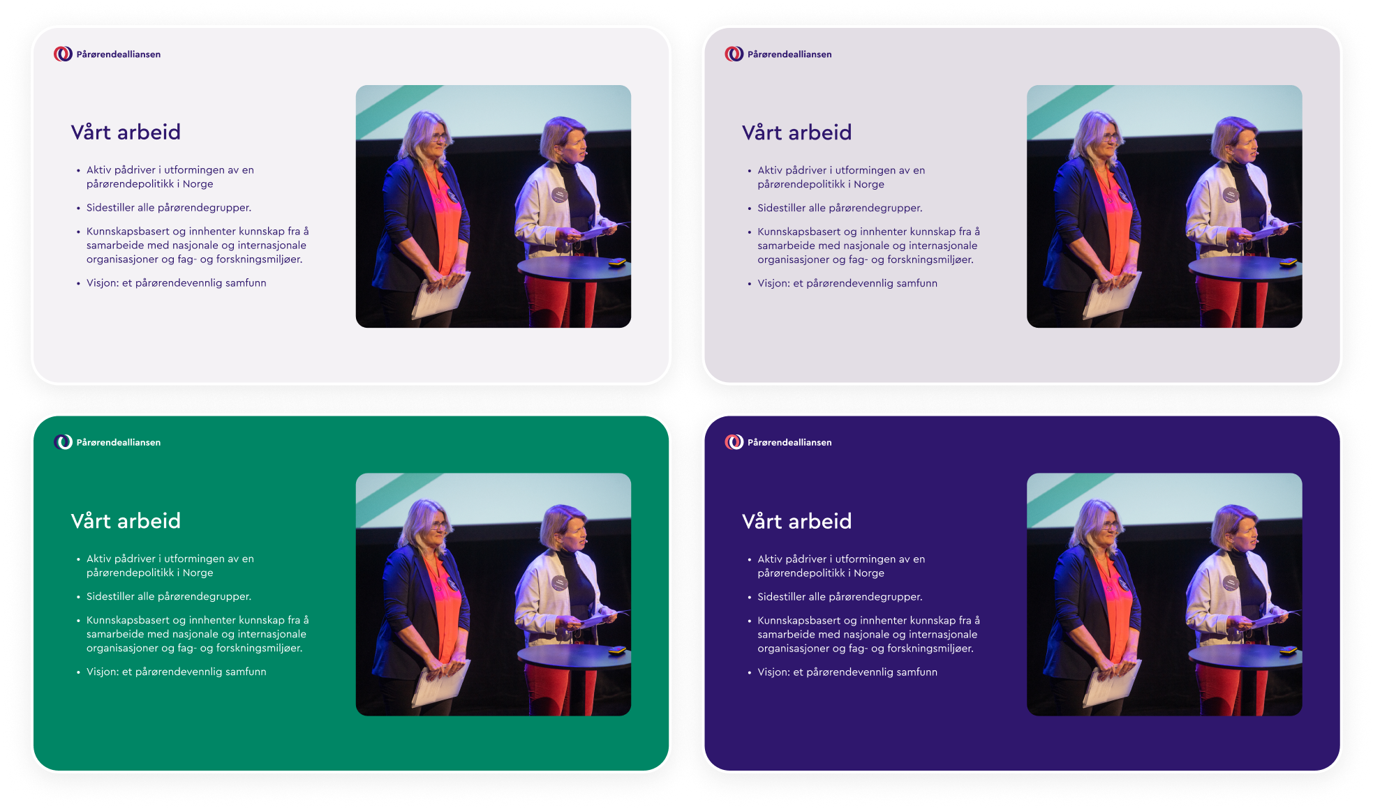 Viser den samme sliden i fire ulike maler, fire ulike bakgrunnsfarger