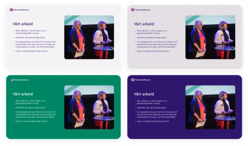 Viser den samme sliden i fire ulike maler, fire ulike bakgrunnsfarger