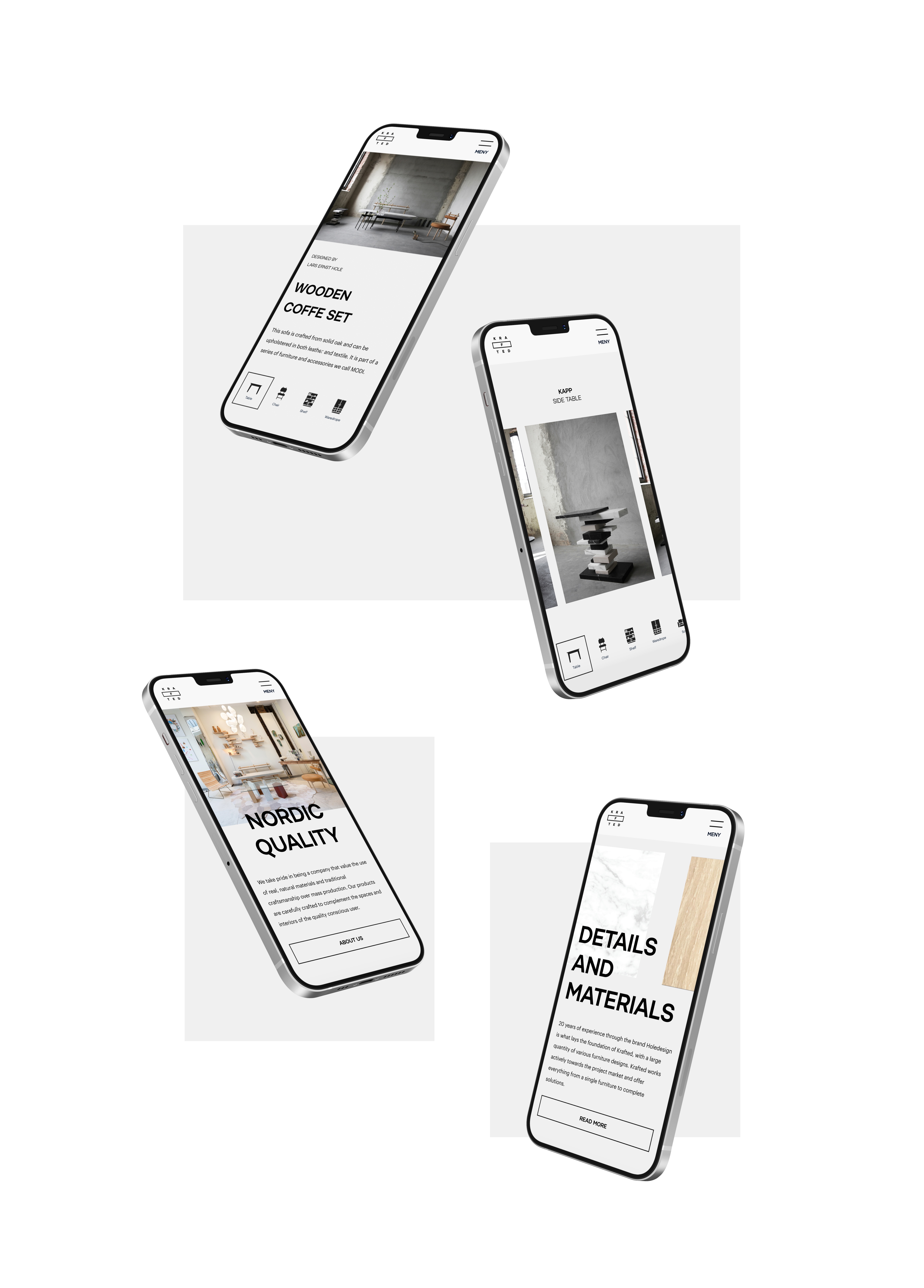 Fire screenshots fra nettsiden til Krafted, vist på skjermen til fire mobiler. 