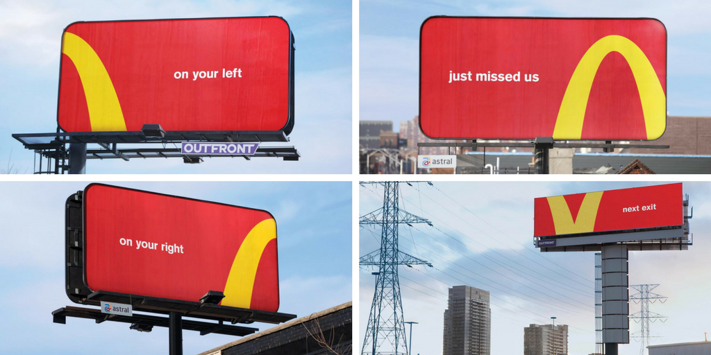 McDonnalds billboards mer deler av logoen på rød bakgrunn