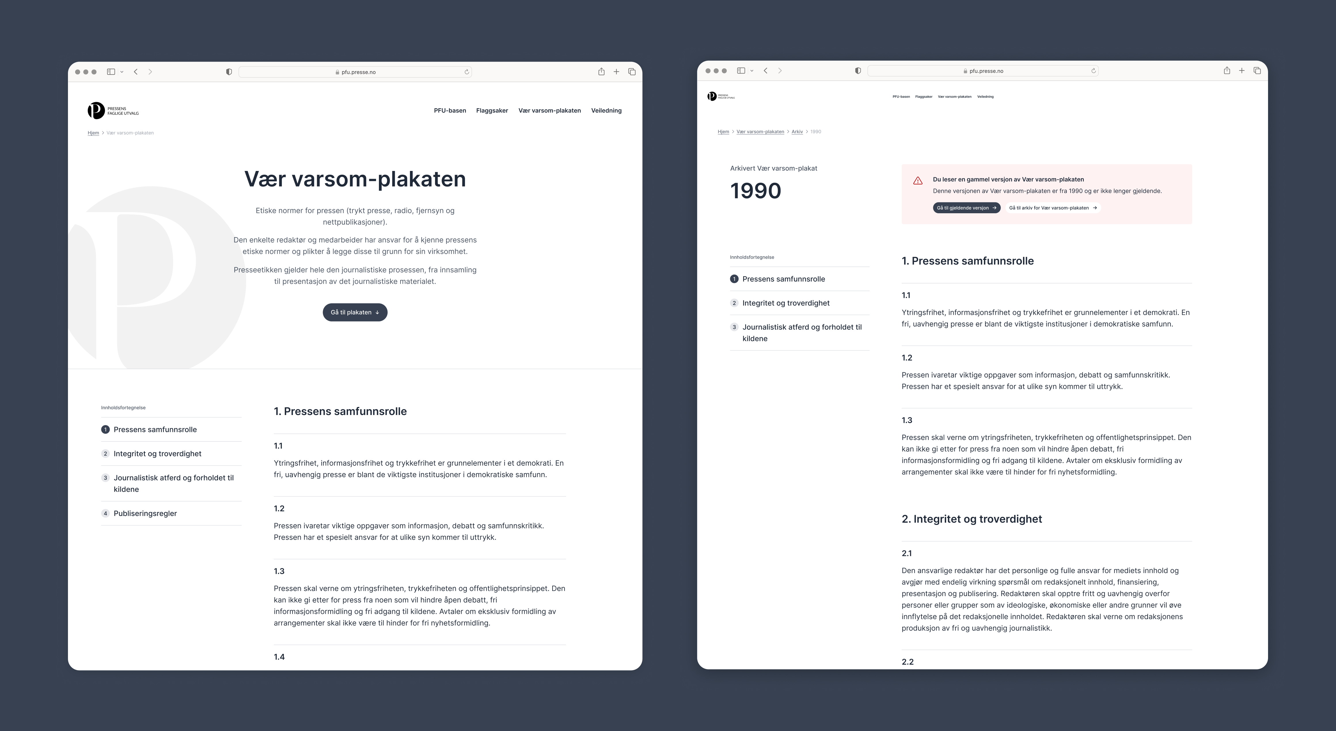 two screenshots of a website with var varsom-plakaten on the left and 1990 on the right