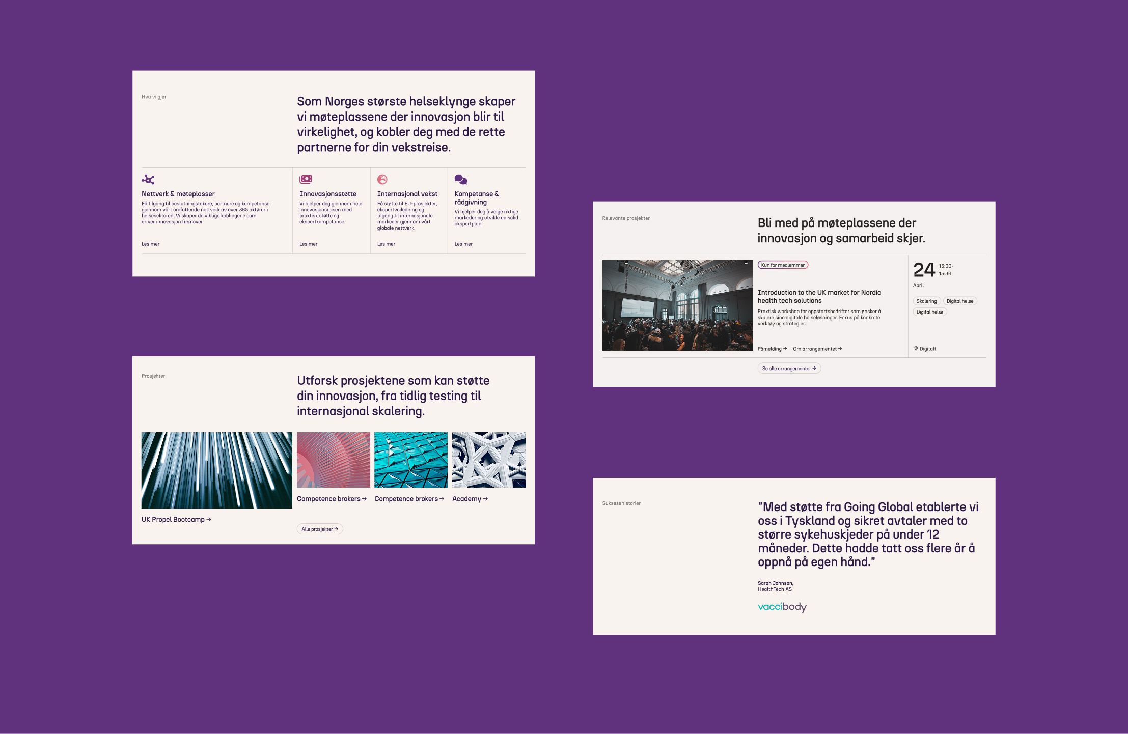 Fire informasjonsbokser om helseinnovasjon og prosjekter på lilla bakgrunn.