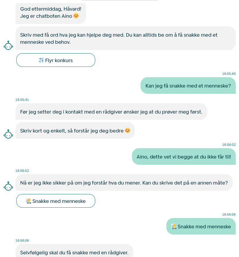 skjermbilde av en frustrerende samtale med en chatbot fra DNB, der man ber om å få snakke med menneske.