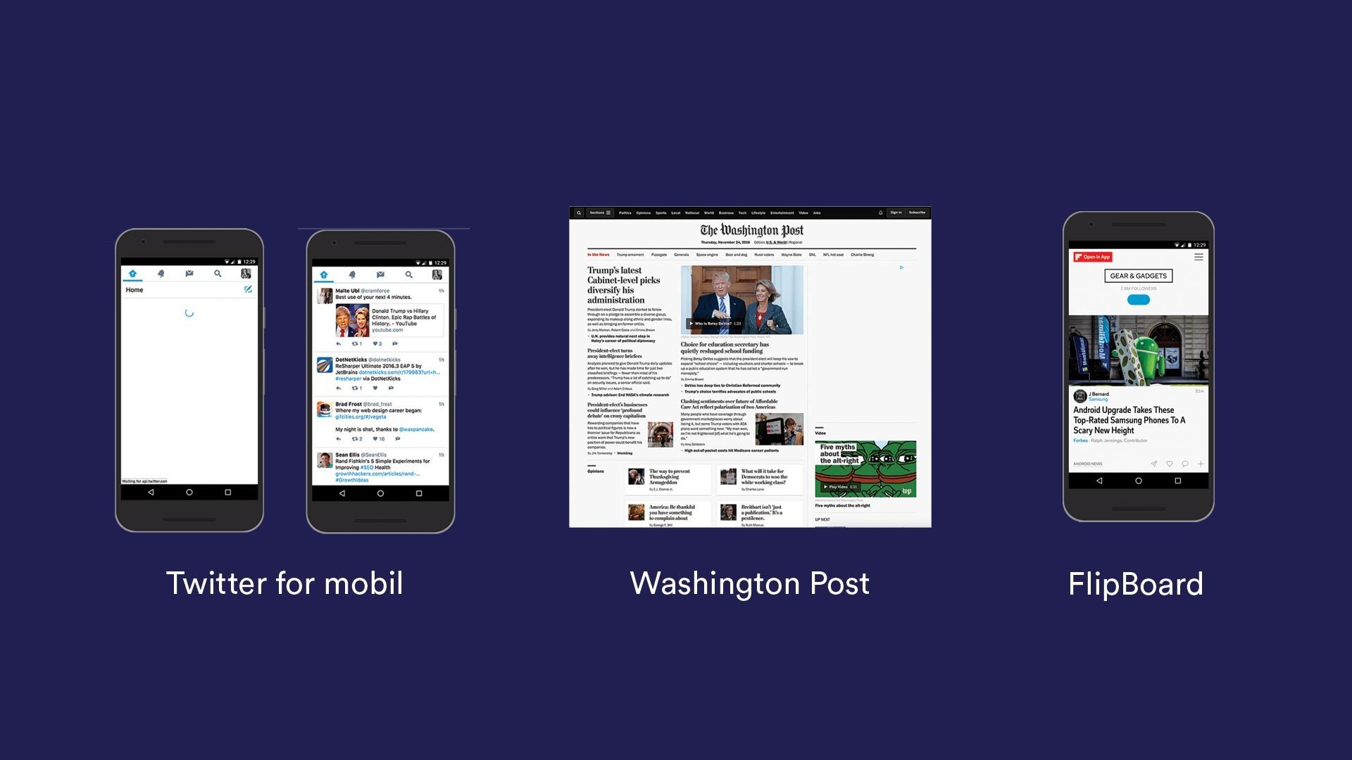 et skjermbilde av twitter for mobil, washington post, og flipboard.