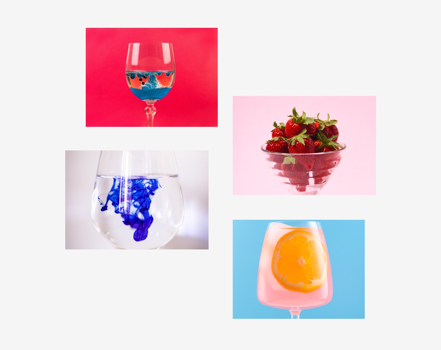 Kollasj av ulike cocktail glass som alle inneholder ulike drinker og frukter. Foto. 