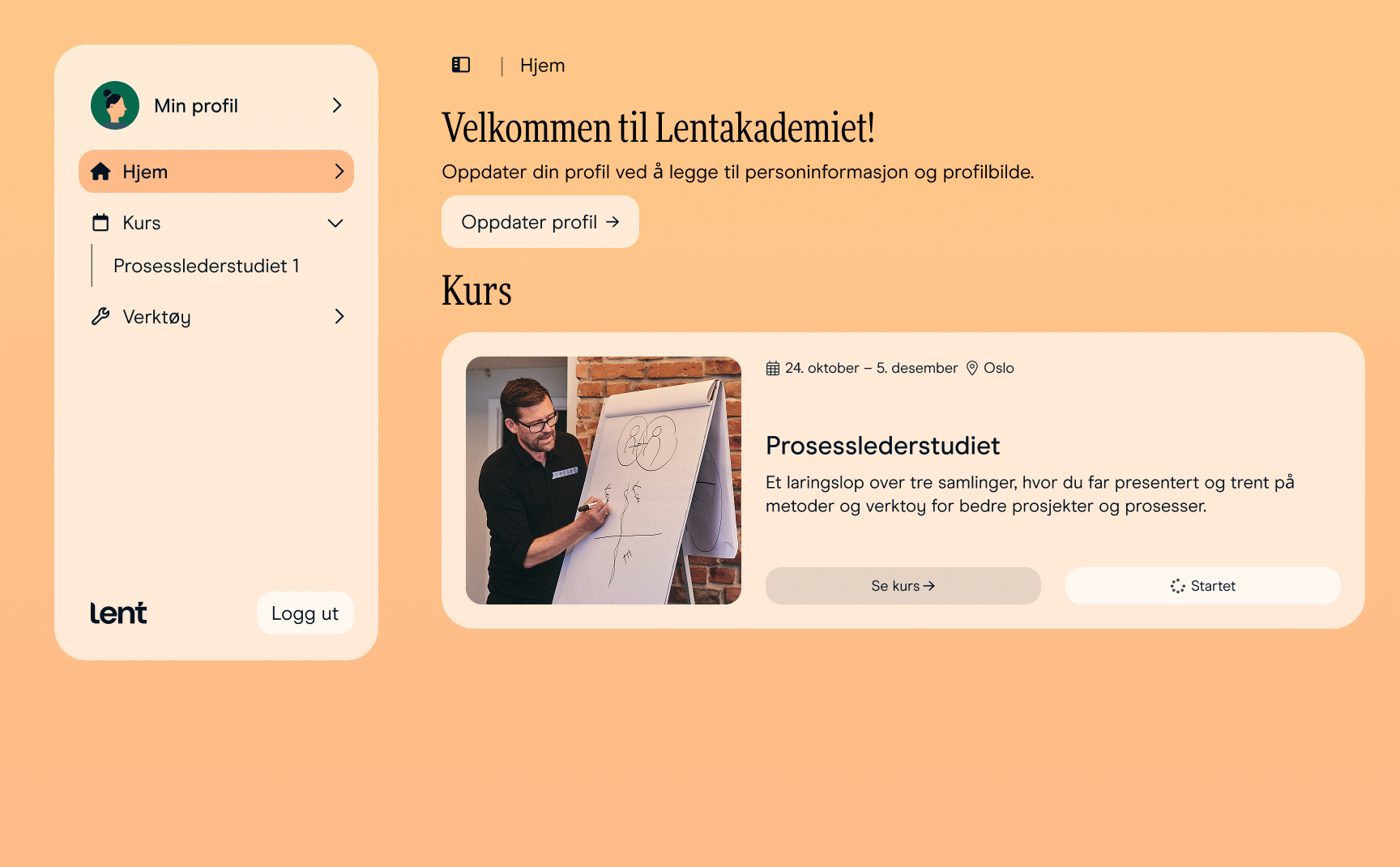 Lentakademiet online learning platform homepage showing a welcome message, navigation, and a course card featuring a man drawing on a flipchart.