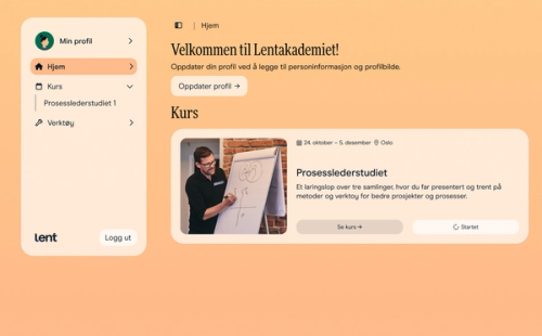 Lentakademiet online learning platform homepage showing a welcome message, navigation, and a course card featuring a man drawing on a flipchart.
