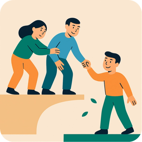 Two people helping another person across a gap.