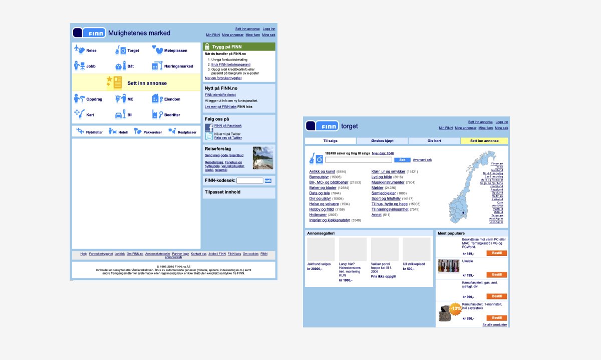 Skjermbilder fra gamle nettsiden til finn.no. 