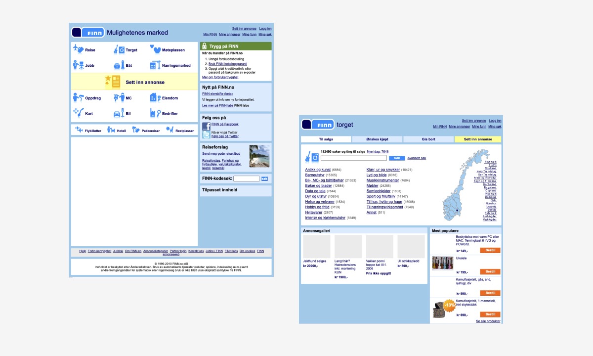 Skjermbilder fra gamle nettsiden til finn.no. 