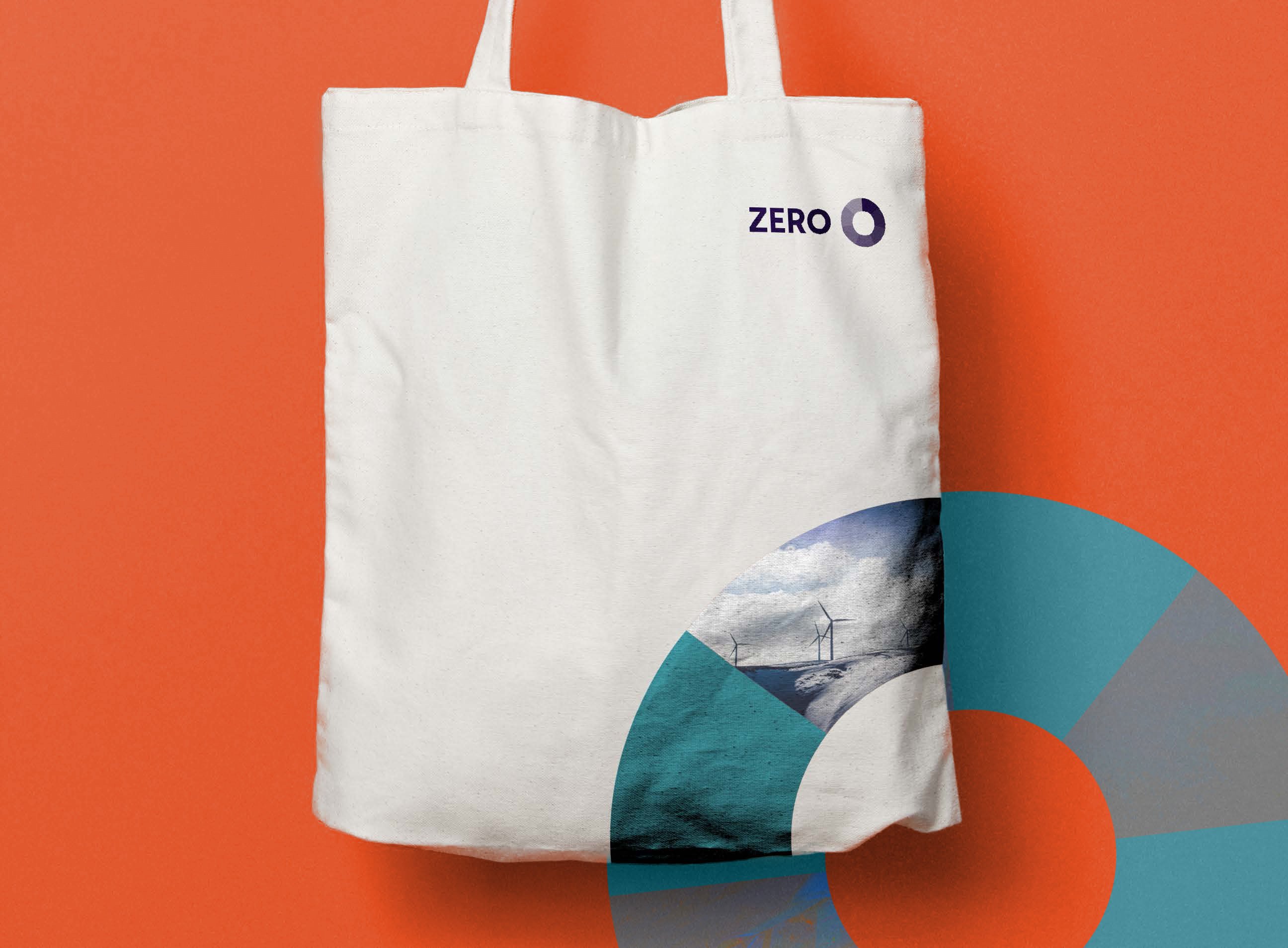 Handlenett som viser hvordan hjulet i Zero-logoen kan brukes som et designelement. Har også et bilde av vindmøller i hjulet.