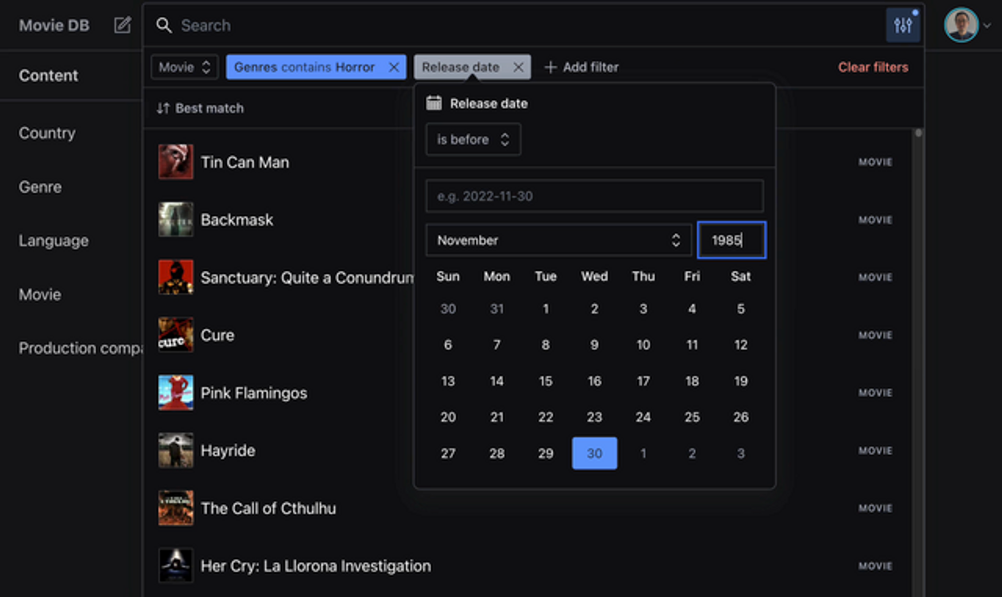 et skjermbilde av en film database som viser utgivelsesdatoen for tin can man