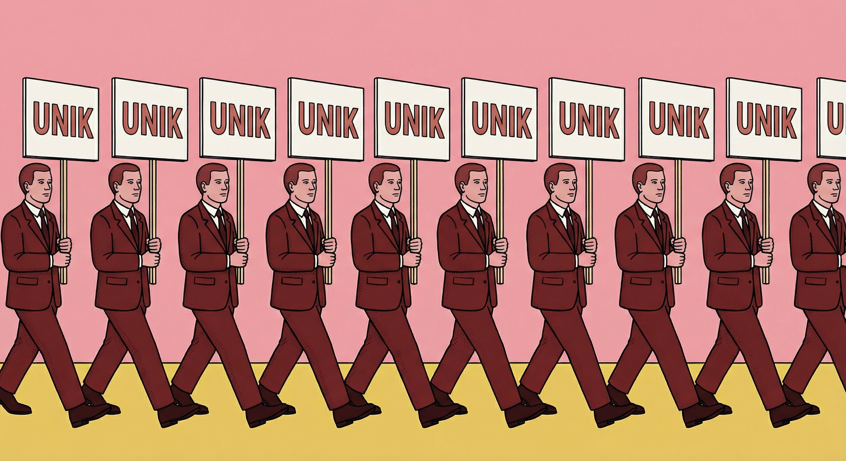 Illustrasjon av flere menn i Pushwagnerstil med skilter som viser: "unik". 