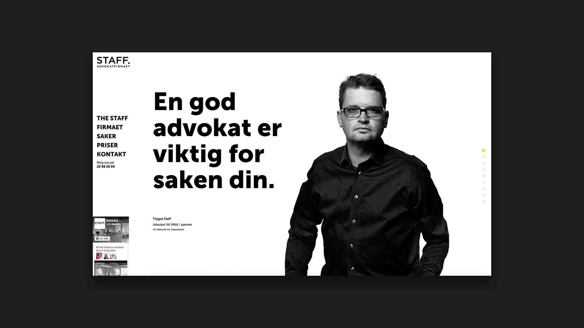 Bilde av forsiden til advokatfirmaet Staff med teksen: "En god advokat er viktig for saken din"