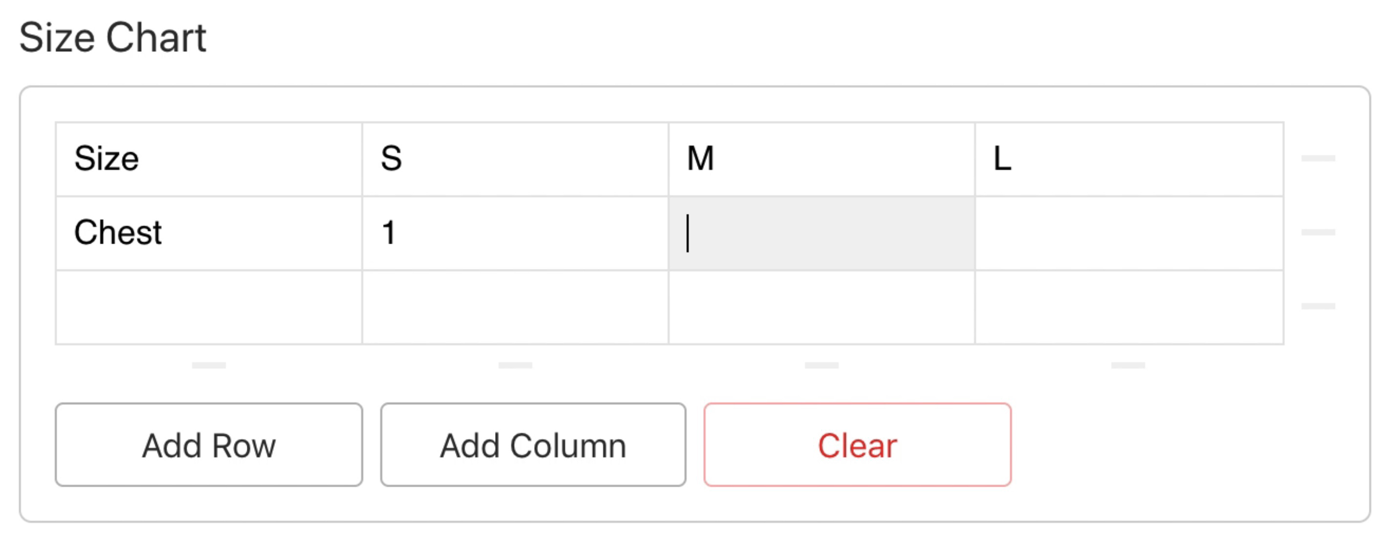 en størrelseskart med en knapp som sier legg til rad og legg til kolonne.