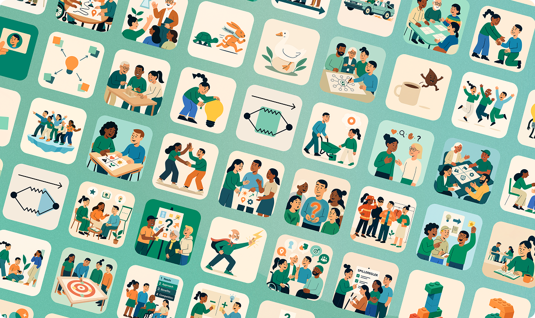 A person's hands on a laptop keyboard, displaying a website about "Dialogkort" (Dialogue Cards) with illustrations of two people talking.