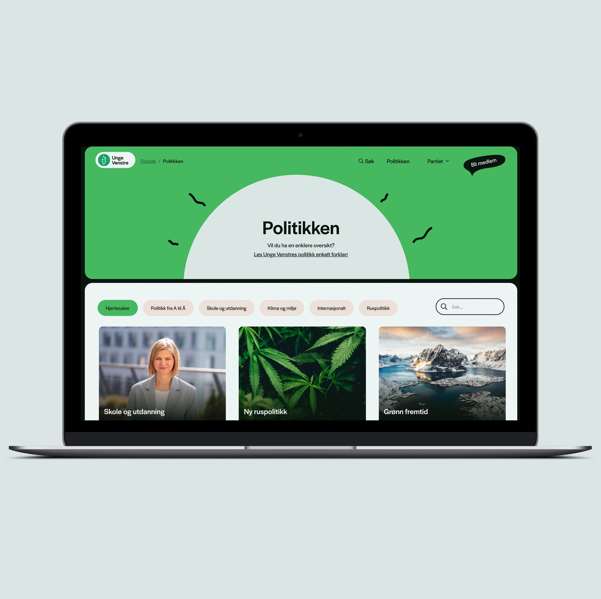 Nettsiden til Unge Venstre. Viser "Politikk" siden med bilder fra hjertesaker. Formspråket er mykt og med lekne illustrasjoner.