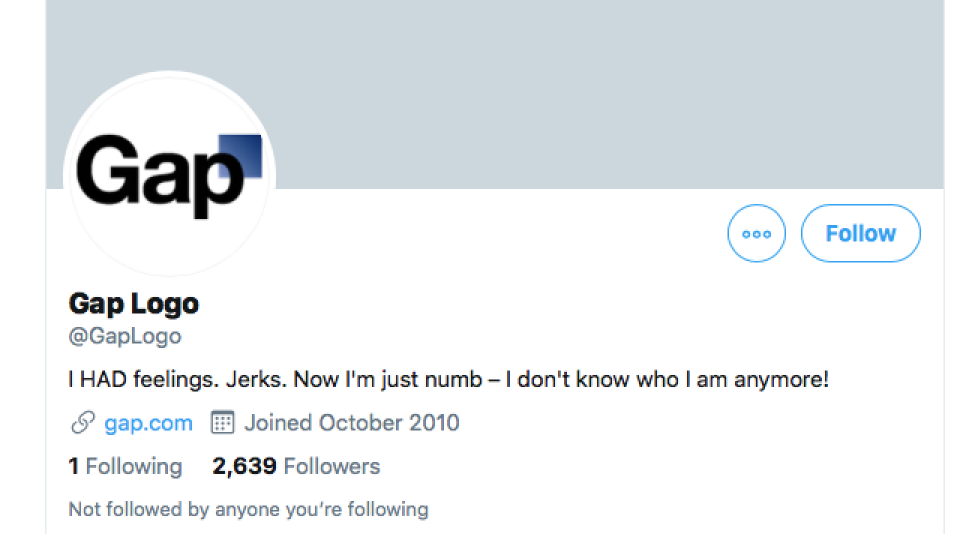 Parodikonto som latterligjøre gap logoen på Twitter. 