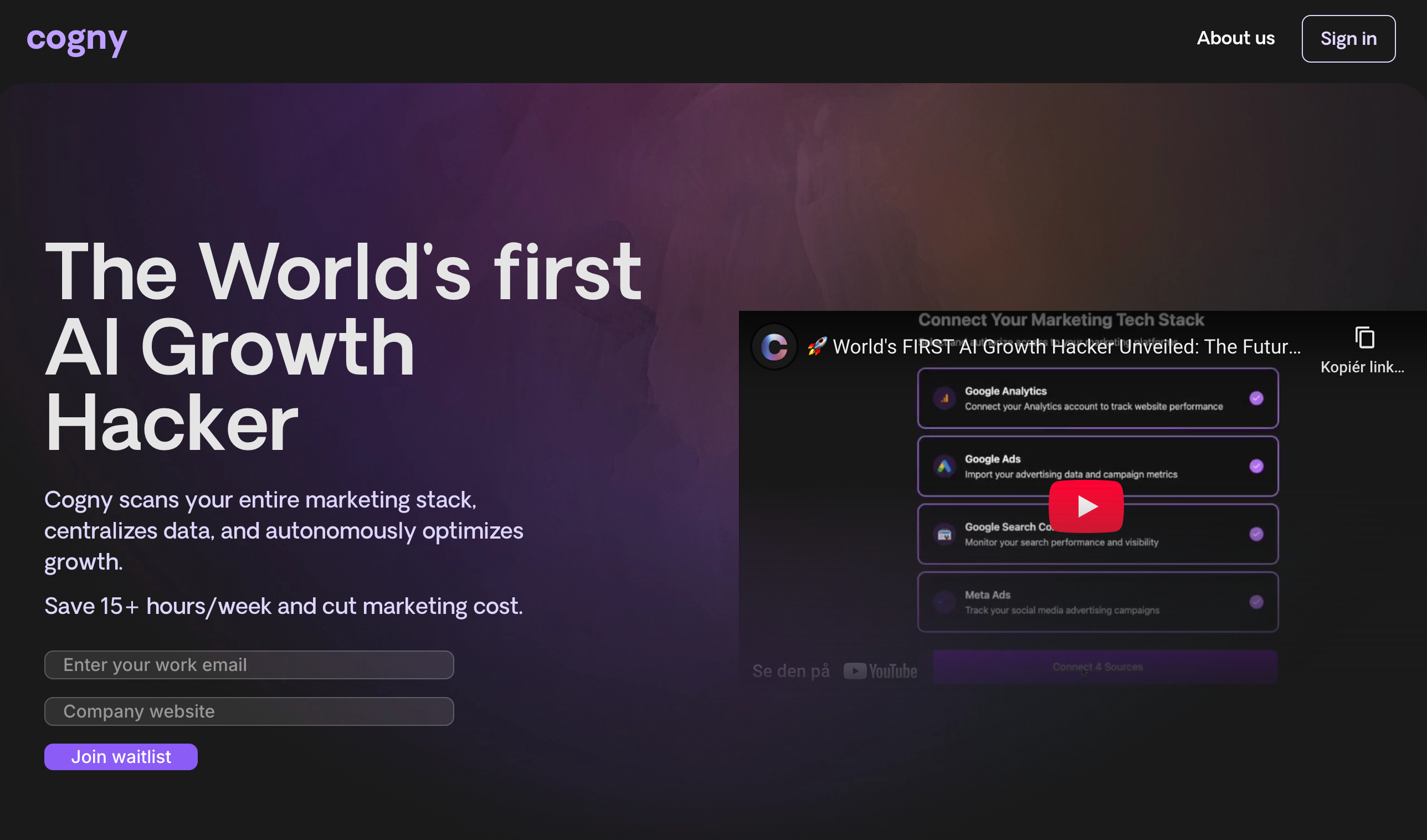 Cogny forside, the worlds first AI growth hacker