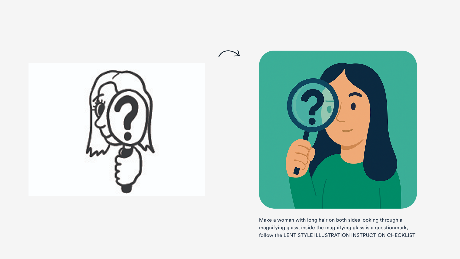 A black and white sketch of a woman holding a magnifying glass with a question mark transforms into a colorful illustration of the same.