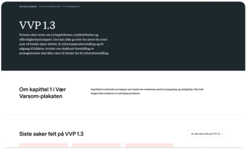 Screenshot of a Norwegian webpage with headings "VVP 1.3", "Om kapittel 1 i Vær Varsom-plakaten", and "Siste saker felt på VVP 1.3".