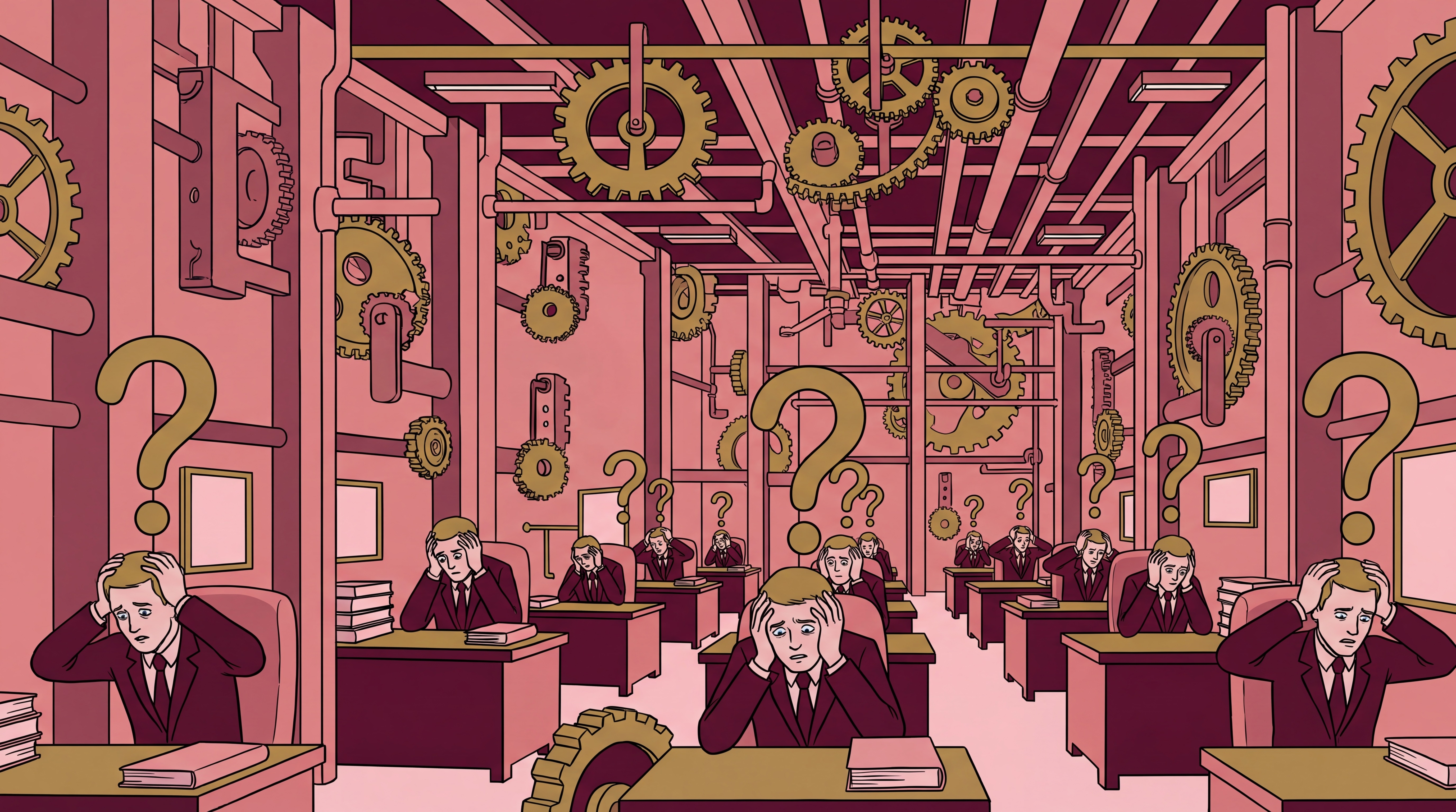 Menn som ser fortvilet ned på pulten mens de prøver å huske på masse ord som "visjon", "misjon", "tydelig", dynamisk,bærekraftig, enkelt. Pushwagner stil. 