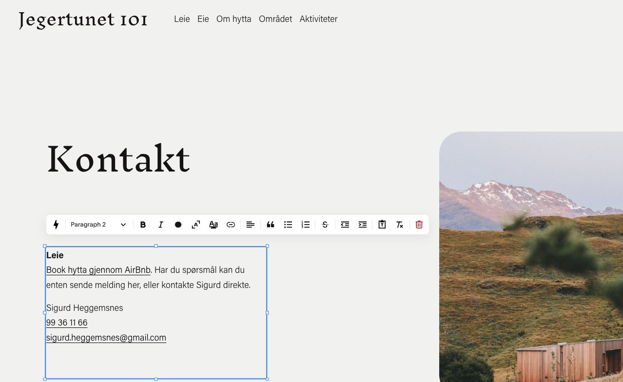 Redigering av kontakt-siden i Squarespave.