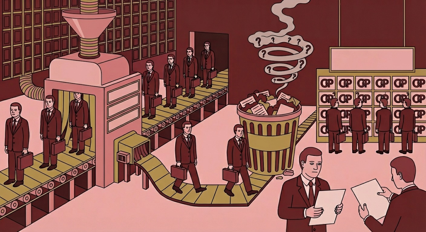 Pushwagner inspirert bilde av mange like menn som går rundt og ser helt like ut, businessmenn. 