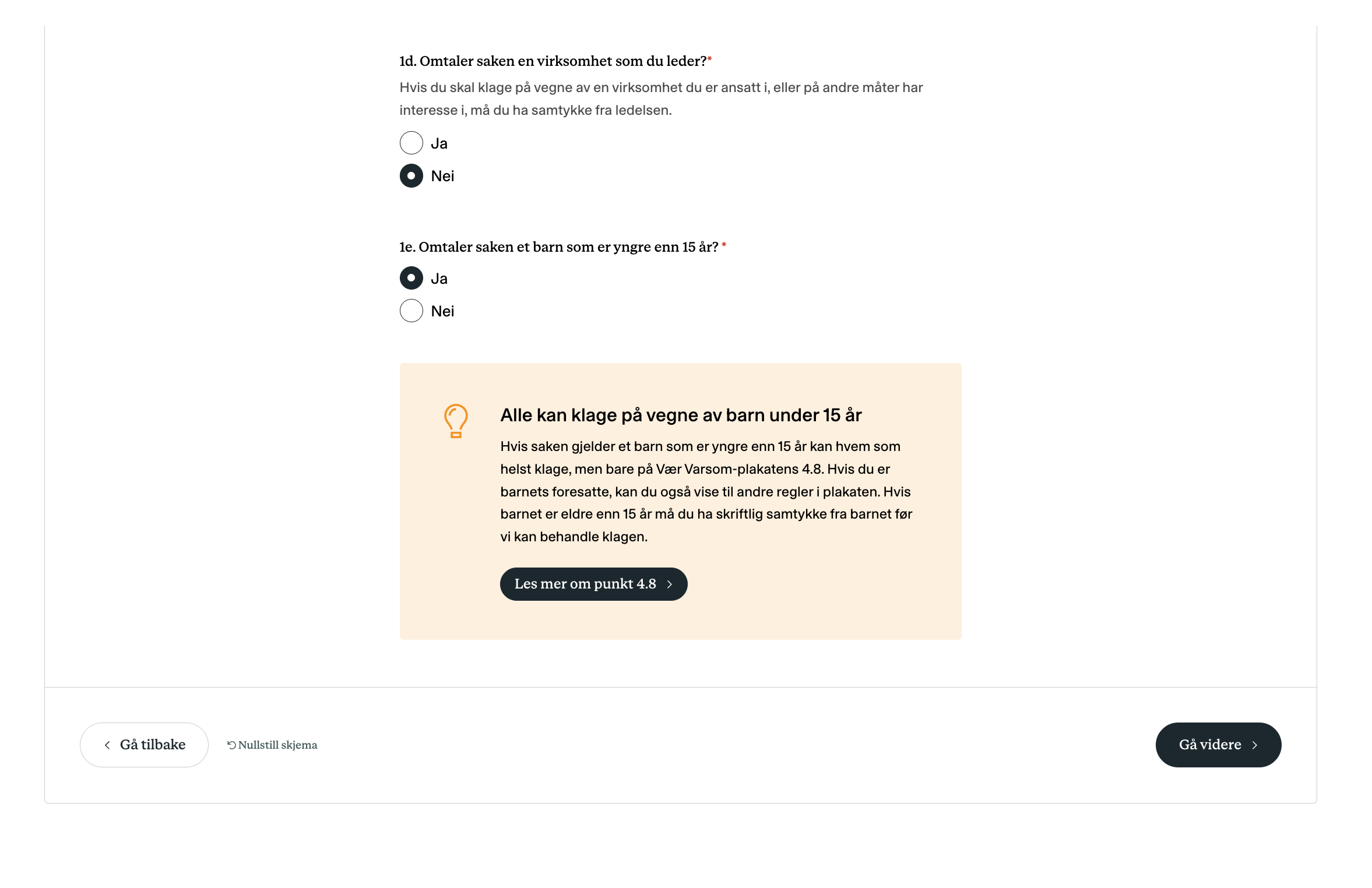 A Norwegian online form with questions about a case concerning a business (No selected) and a child under 15 (Yes selected), plus an informational box.