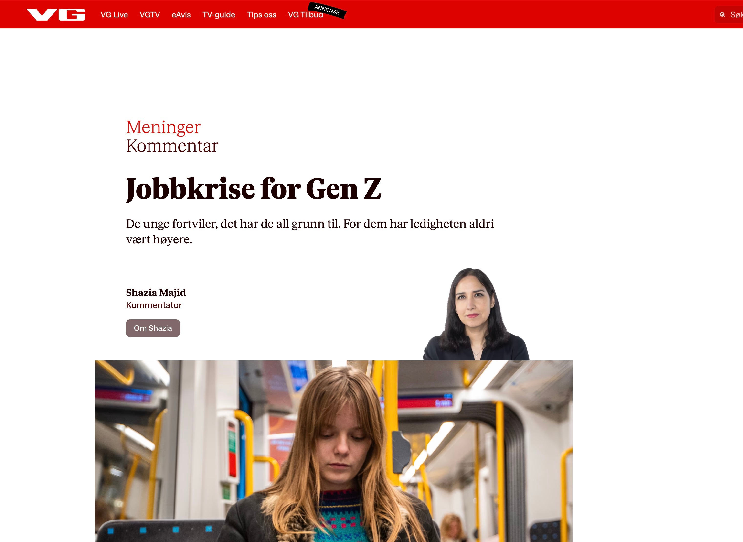 Fakisimile fra VG og Shazia Majid sitt innlegg om "Jobbkrise for Gen Z"