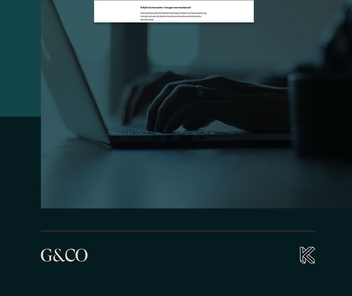 Logoen til G&CO og Kult Byrå under et bilde av hender som skriver på en laptop