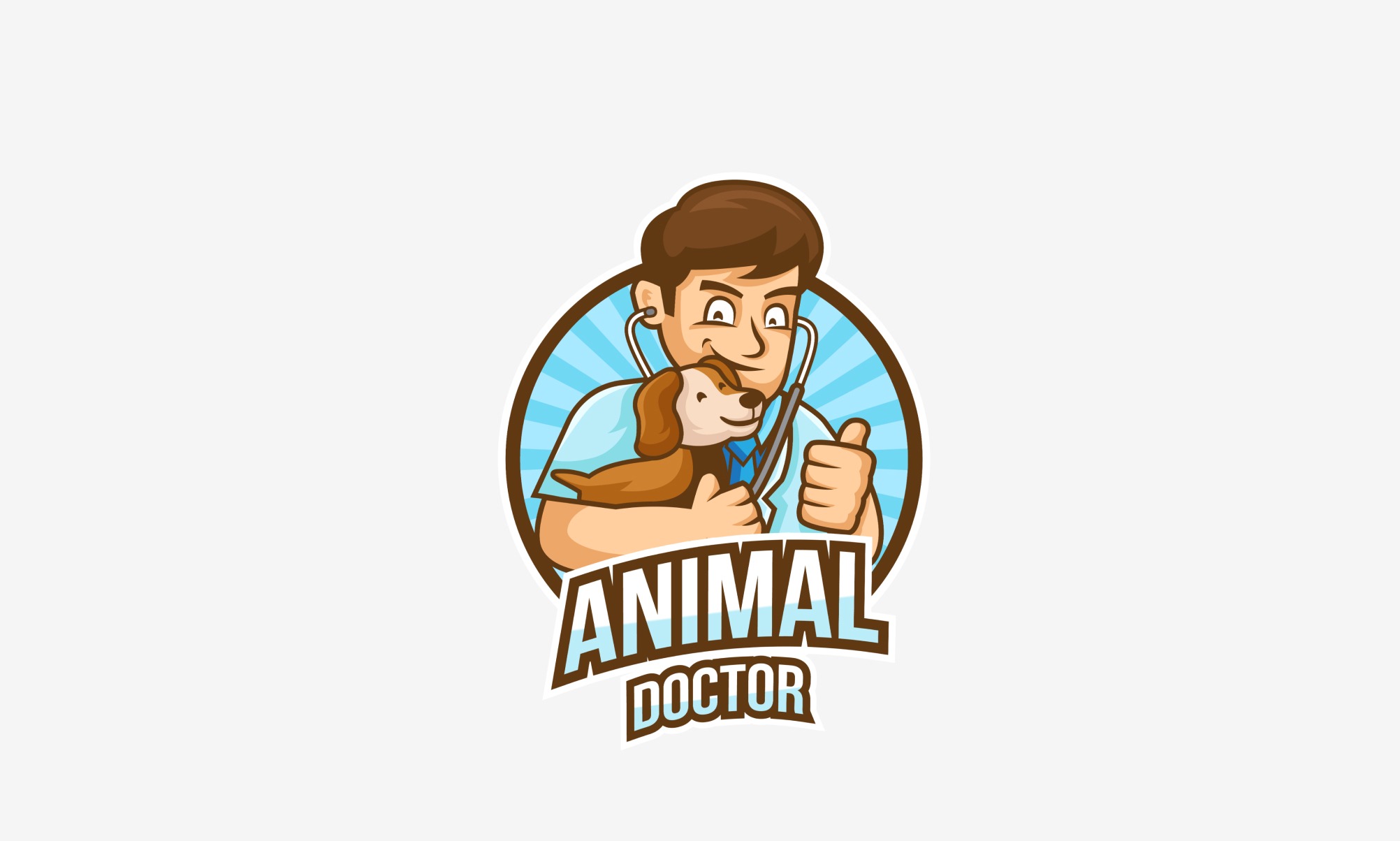 Eksempel på detaljert logo. Illustrasjon av en veterinær som holder en hund og viser tommel opp. Under står det "Animal doctor". Illustrasjon. 