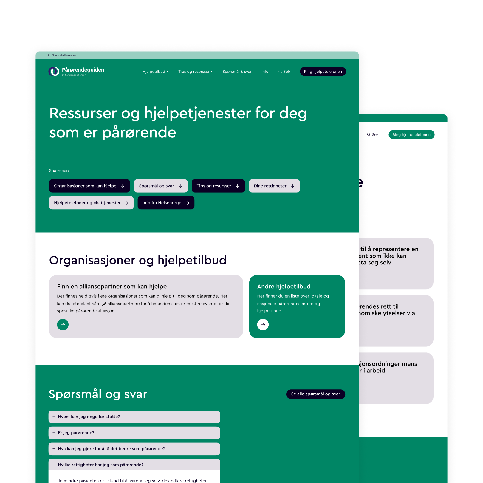 Skjermbilder av Pårørendedagen med grønt og hvitt fargetema