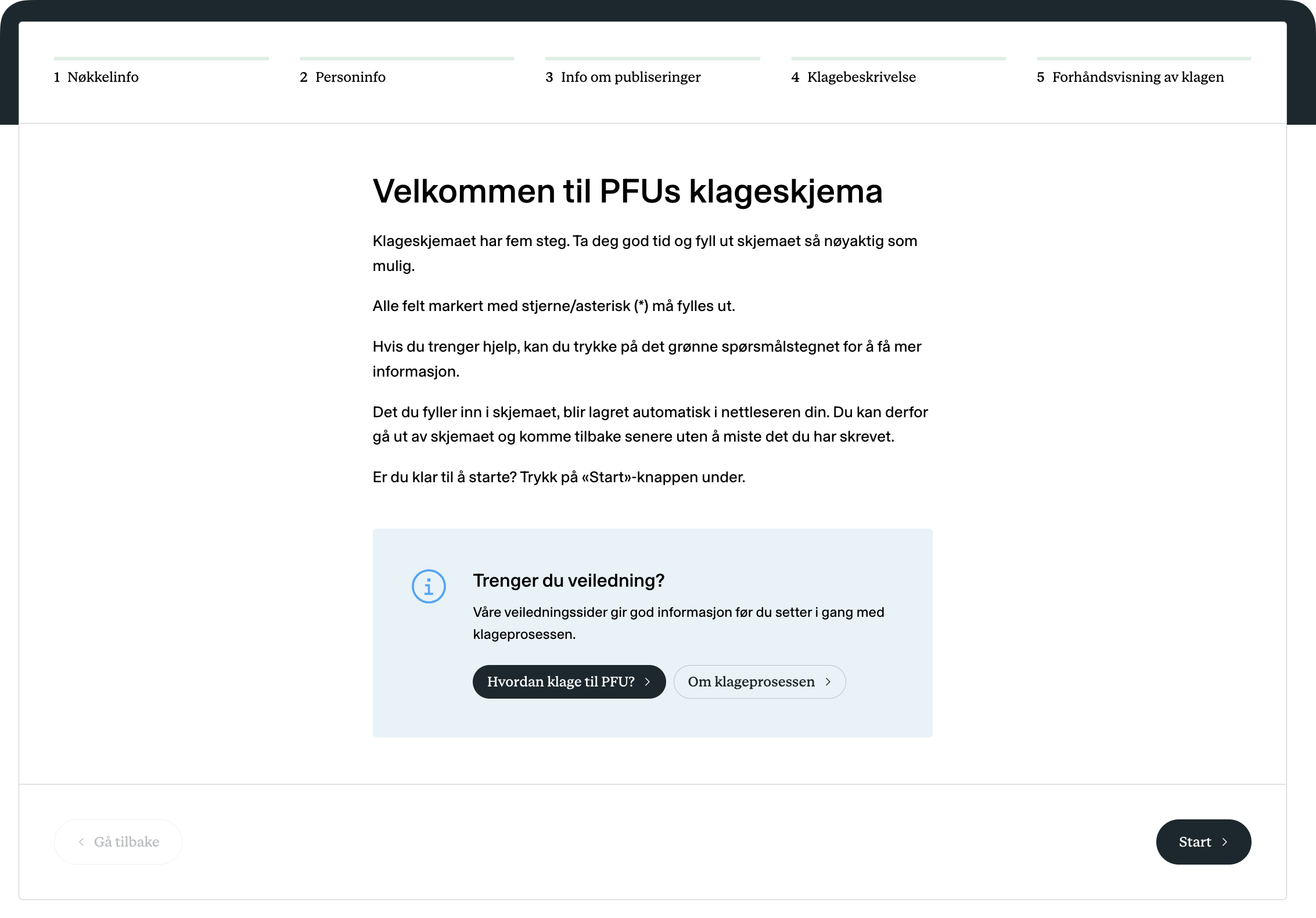 A web page displaying a welcome message and instructions for PFU's complaint form in Norwegian.