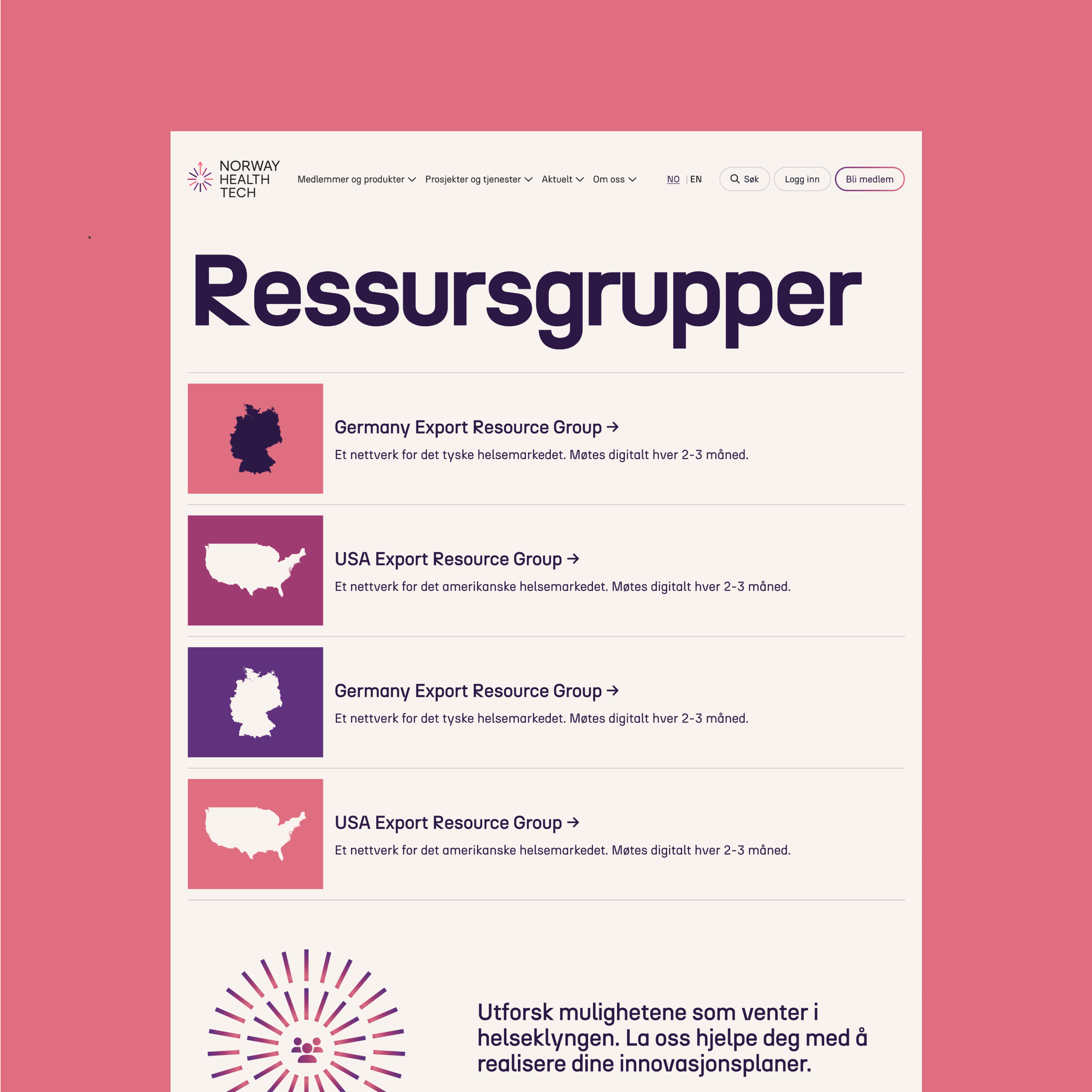 a norway health tech website shows a list of resources groups