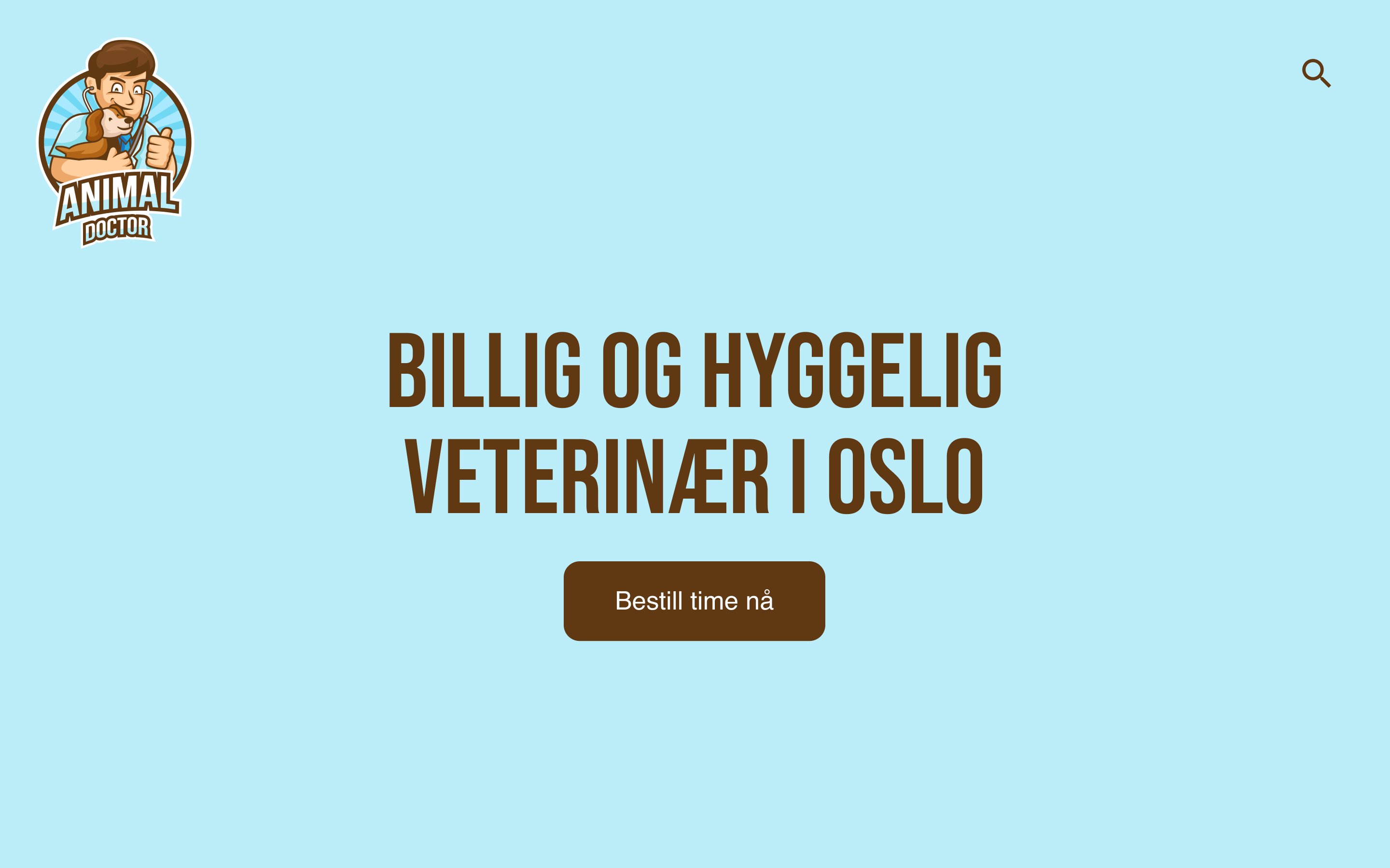 Eksempel på nettside design. Logo i venstre hjørnet viser en veterinær som viser tommel opp og holder en hund. Tittelen på siden er "Billig og hyggelig veterinær i Oslo". 