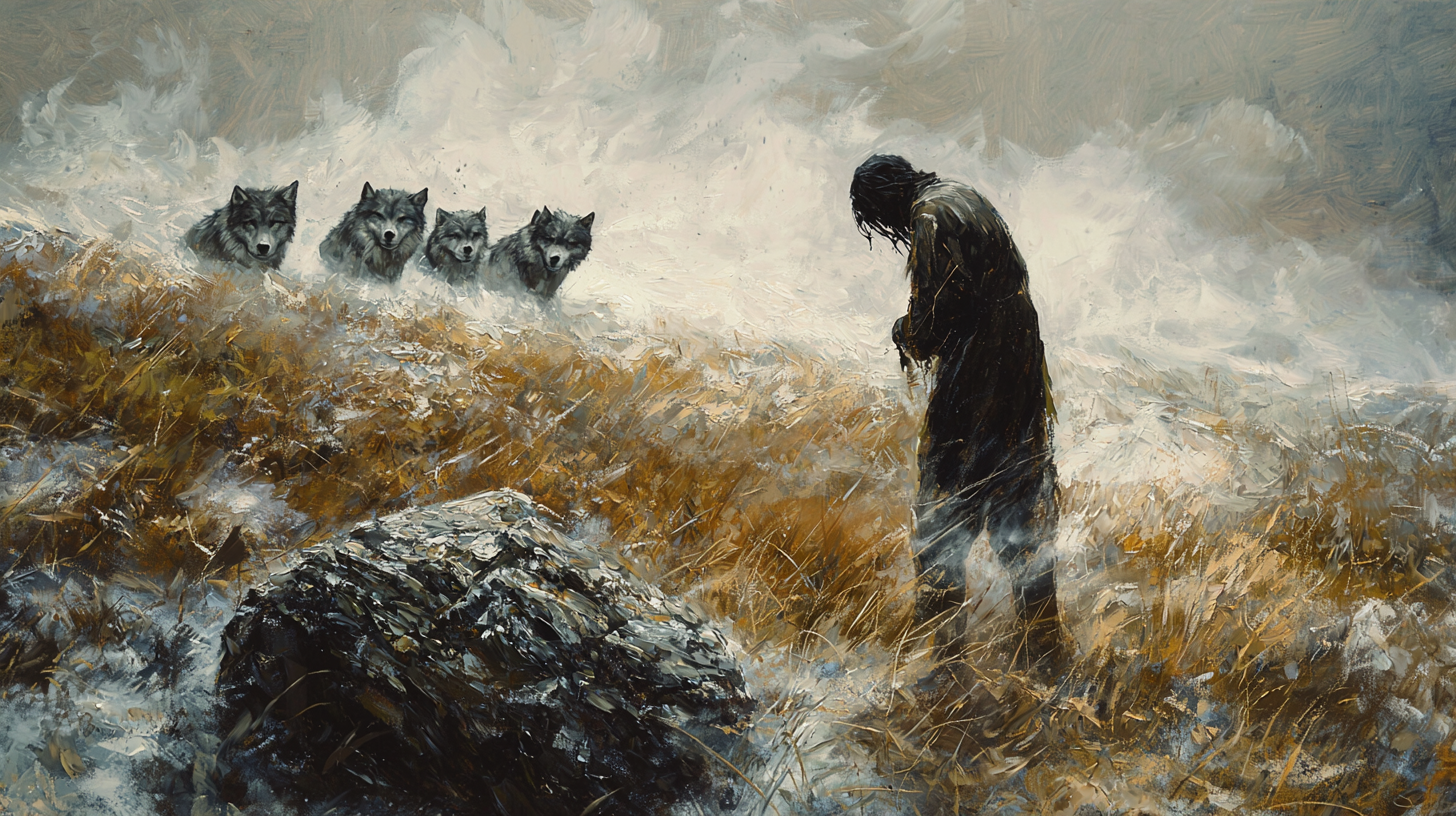 a painting of a man standing in a field with wolves behind him