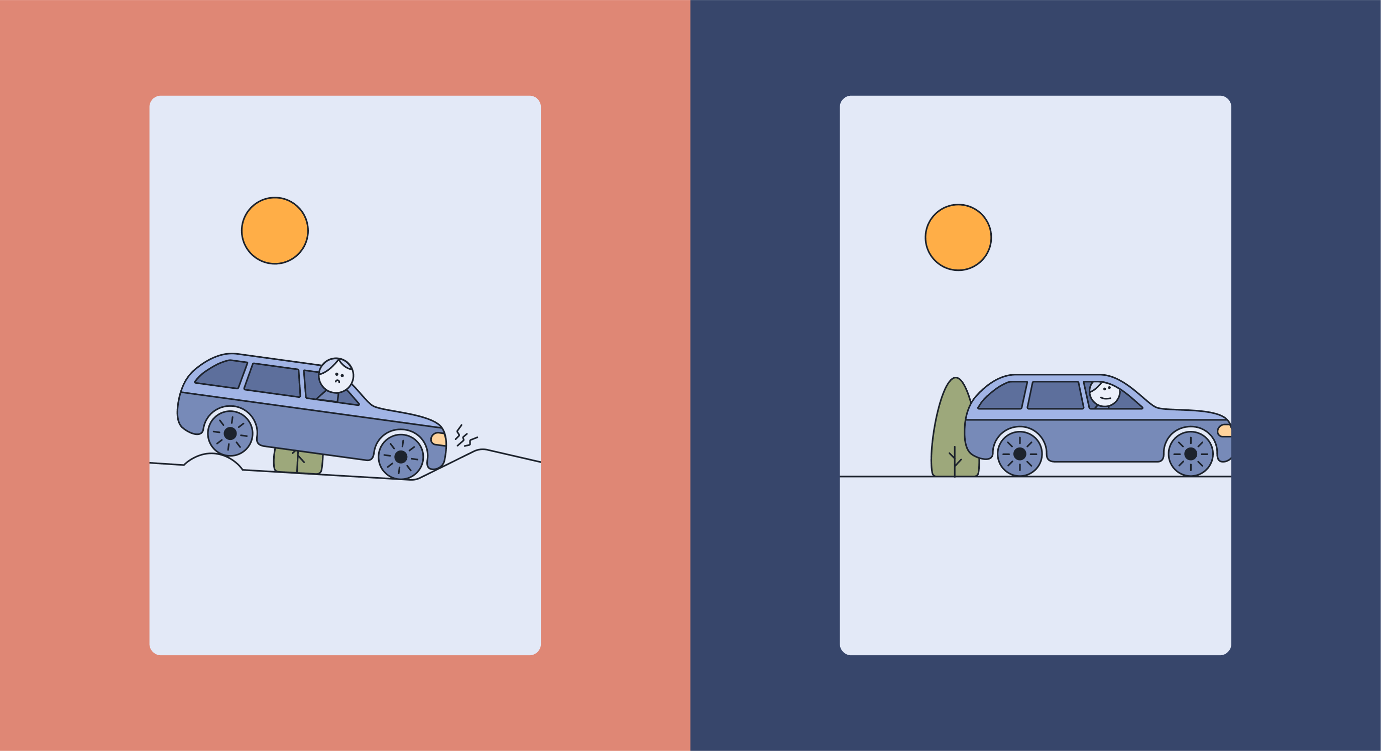 Illustrasjoner av en mann som kjører en blå bil