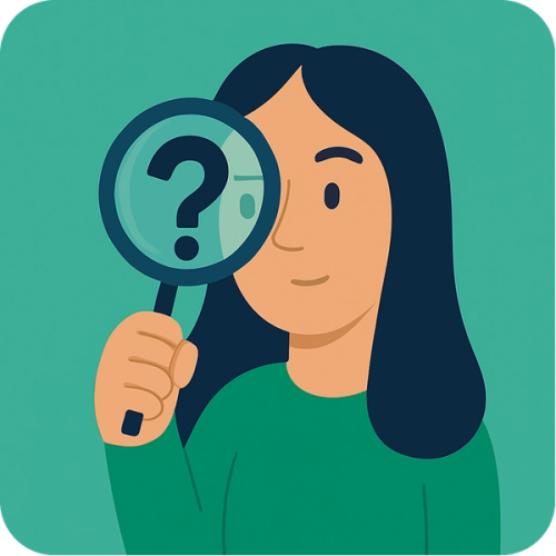 A cartoon woman holding a magnifying glass with a question mark, covering one eye.
