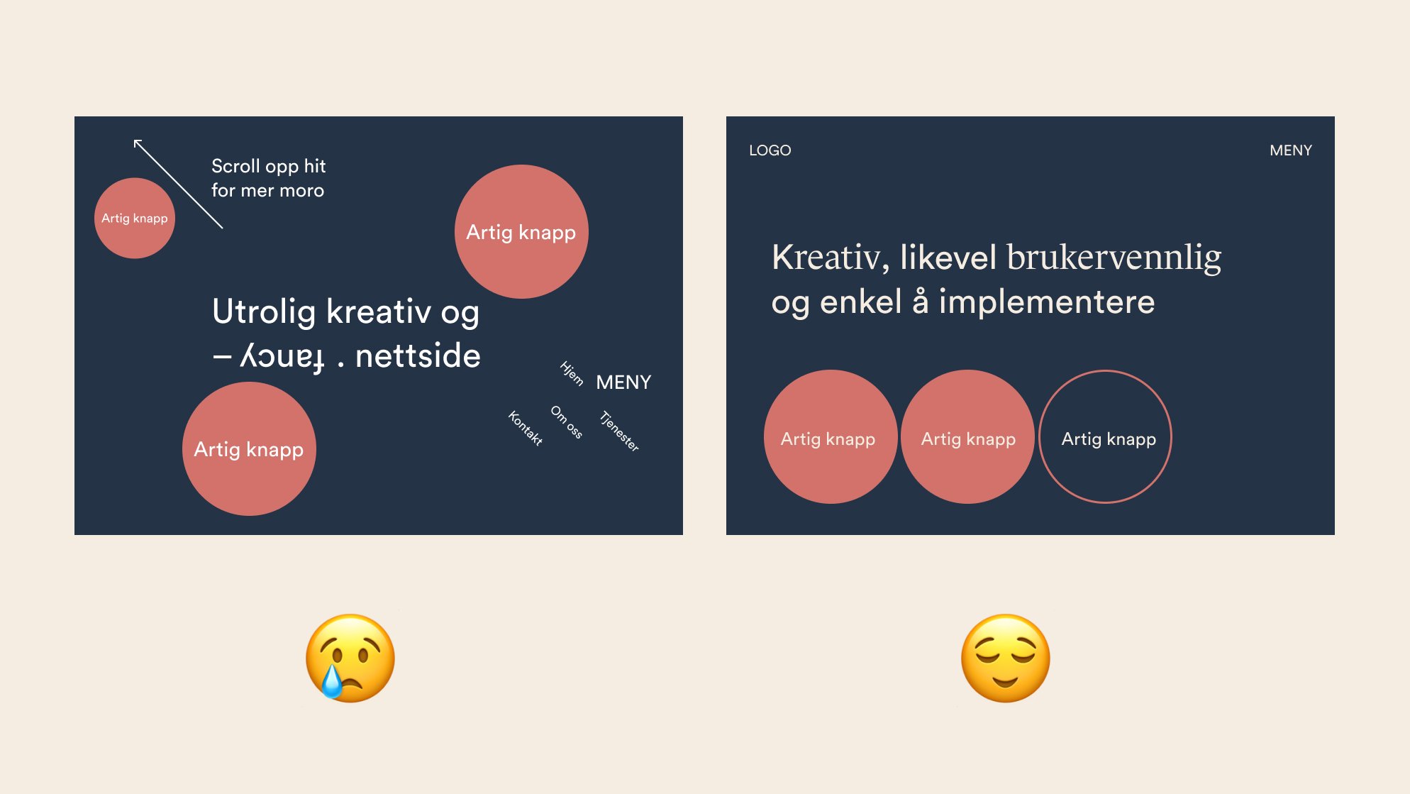 Et eksempel på et rotete design på en nettside hvor tekst og elementer er hulter i bulter og alt er kaos, og en emoji av en utvikler som er lei seg. Ved siden av et fint kompromiss, der det er et design som er ganske kreativt – men som likevel er enkelt å implementere. Utvikleren er fornøyd.