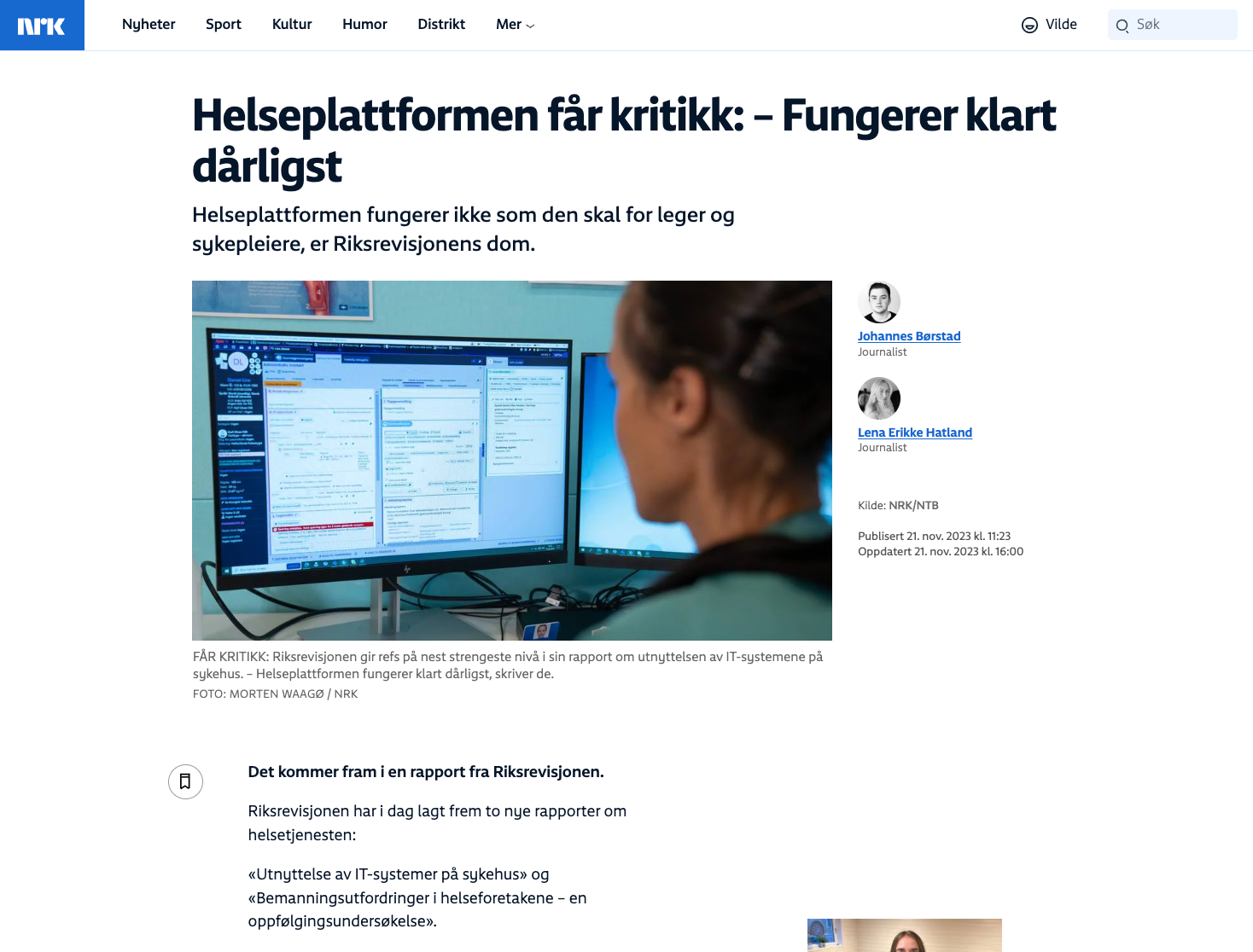 et skjermbilde av en nyhetsartikkel fra nrk