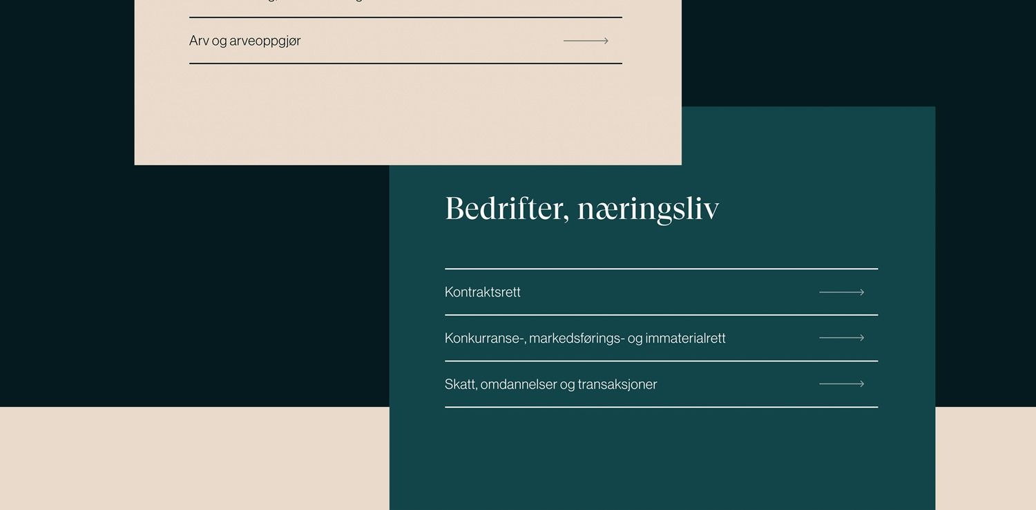 Geometriske firkanter og tekst i mørk, beige og turkis