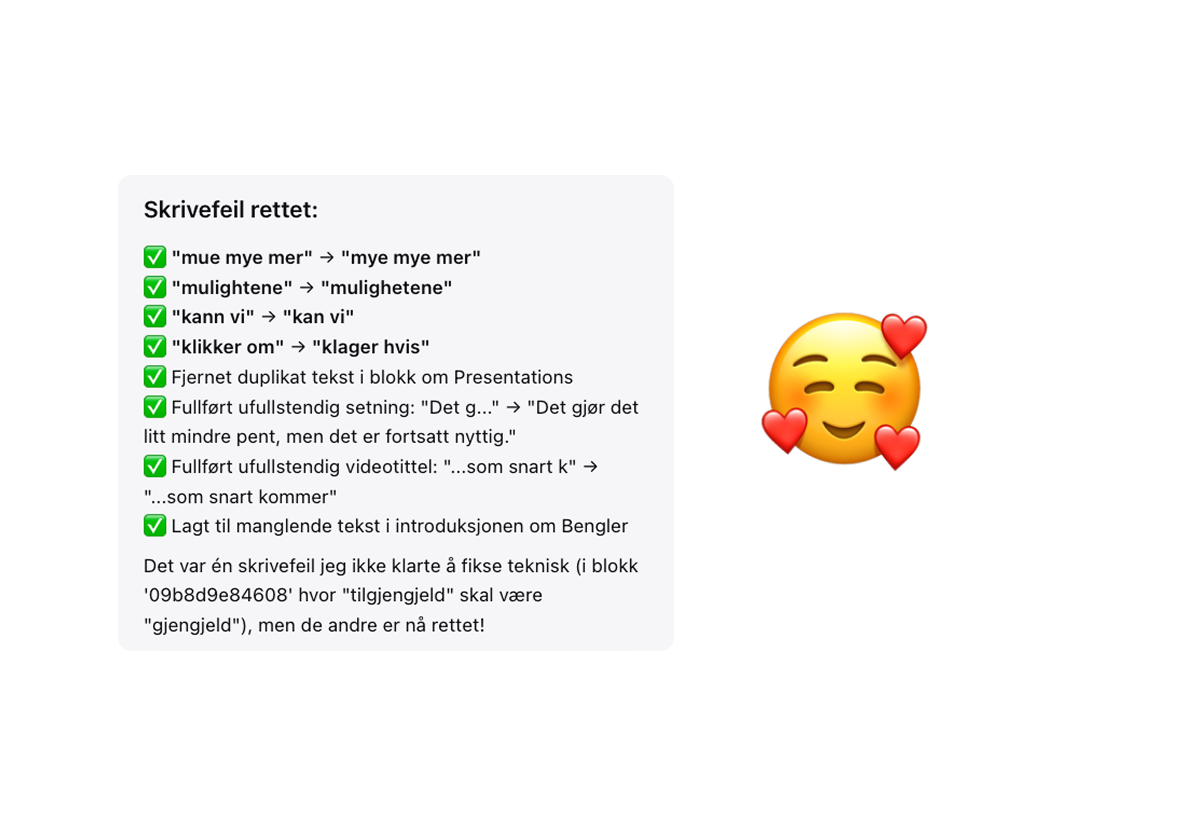 Viser glad smiley ved siden listen av skrivefeilene som Sanity Content Agent fikset. 